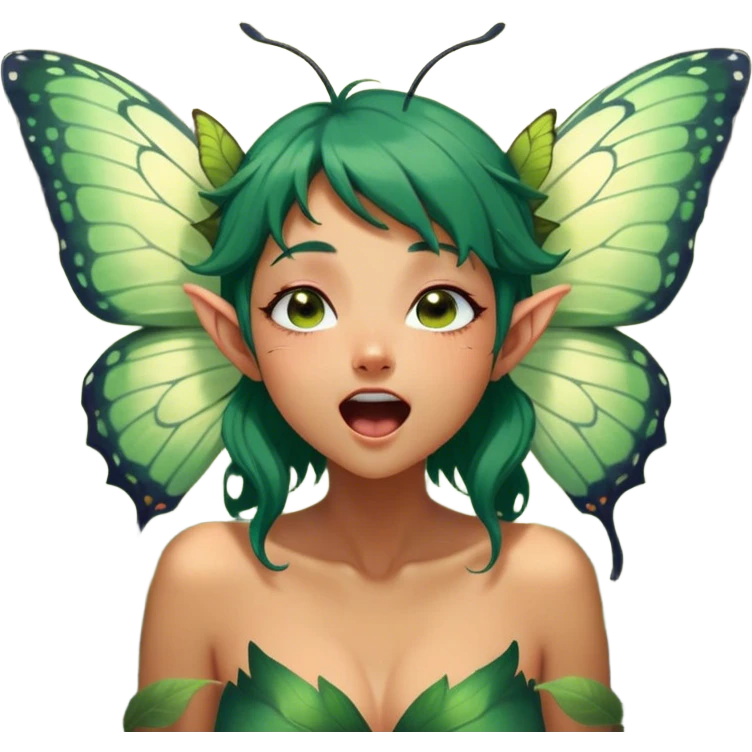 Cinematic Realistic Forest Fairy Portrait, head tilted slightly with a dramatic, wide-open yawn, revealing a tender, relaxed visage with finely detailed tanned skin and flowing, vine-adorned dark green hair gently framing her face. Her sleepy eyes exude a serene, dreamlike quality as soft natural sunlight filters through the canopy, showing her large butterfly wings from her back capturing the essence of a drowsy yet captivating forest drifting into peaceful slumber. emoji