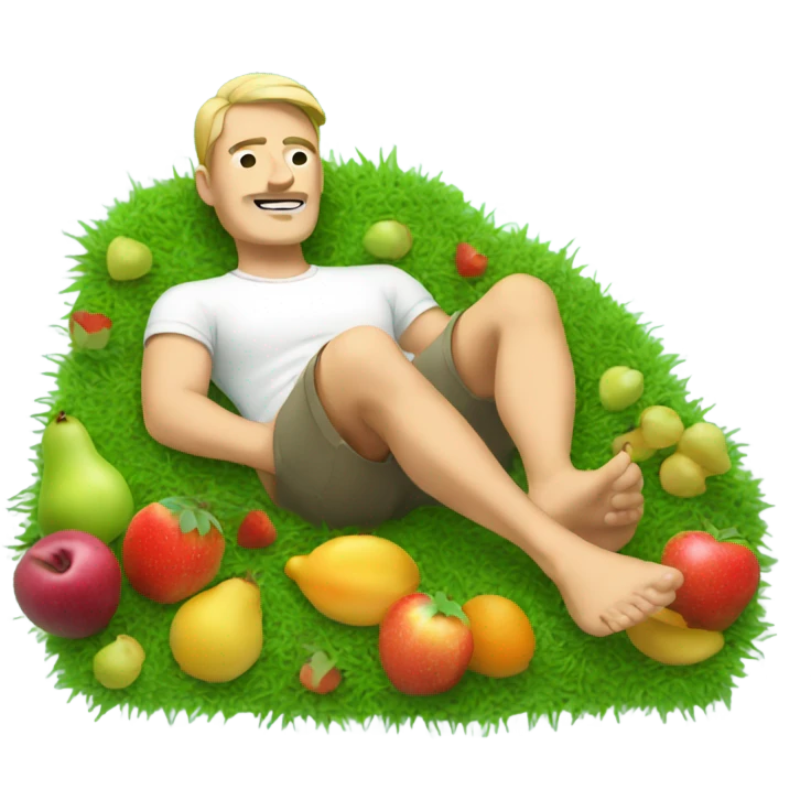 Man laying in grass surrounded by fruits emoji
