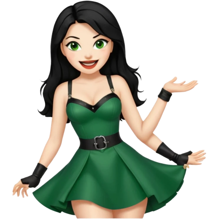 🕵🏻‍♀️💦🧥 black hair , green eyes ,dominatrix dress , laughing  emoji