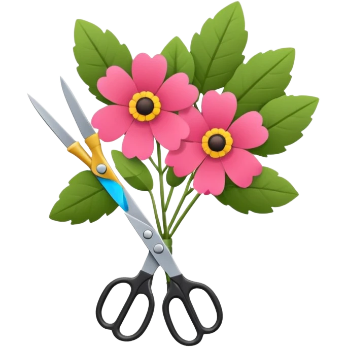 Minimalistic flat vector icon, iOS style, thin black contour on white background. Flower bouquet with leaves and scissors. No text, no shadows. emoji