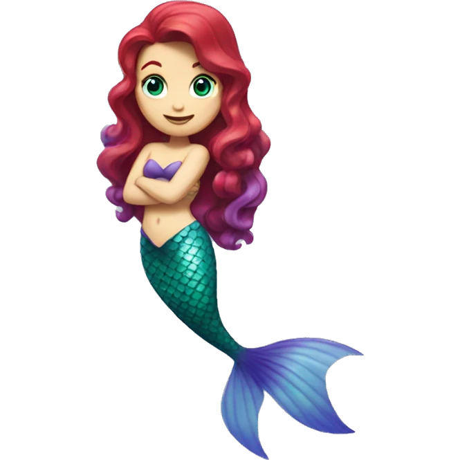 Ariel, the mermaid swimming. Her tail is green, her top is purple, and her hair is bright, red and wavy. She has pale skin and blue eyes. She is swimming. emoji