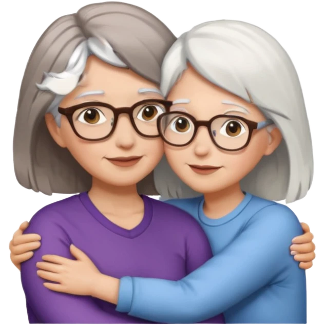 Abrazo de Madre con pelo blanco y gafas y hija con pelo morena sin gafas emoji
