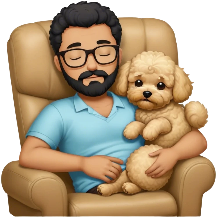 Guy with glasses and black beard sleeping on recliner and drooling with blonde maltipoo emoji