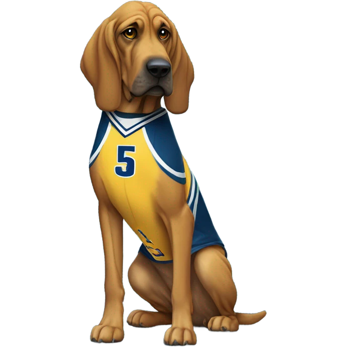 A Bloodhound in a blue, yellow, and white basketball uniform with John Jay on the front and # 35 emoji