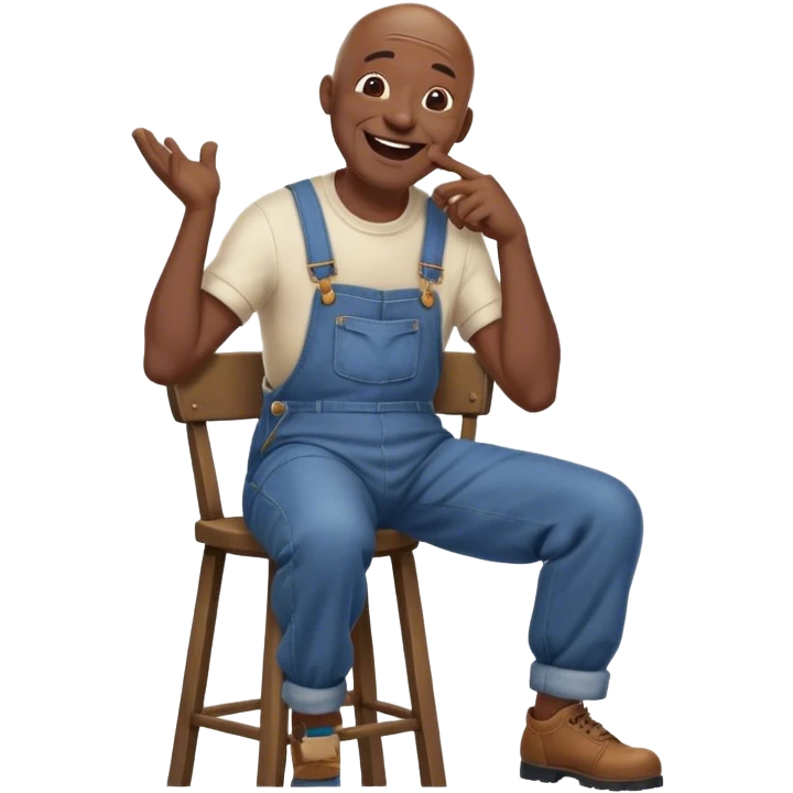 Side view Laughing telling story very Old bald black man sitting on stool wearing overalls no shirt emoji