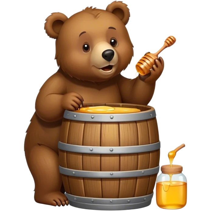 The bear eats honey from the barrel. emoji