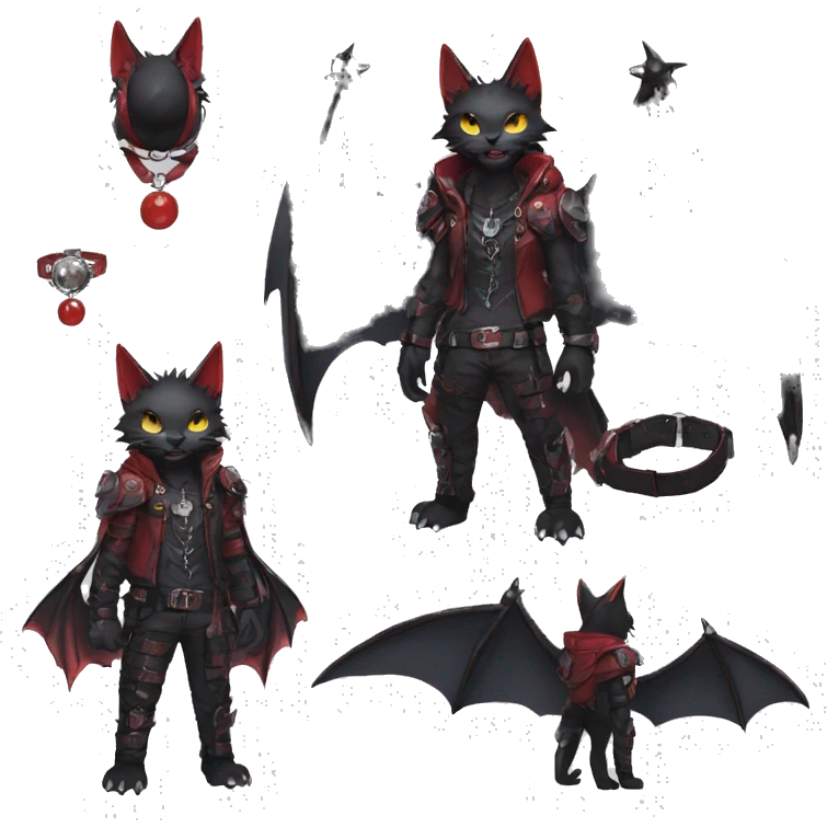 cool edgy black punk red ethereal fantasy nargacuga-bat-cat-Fakemon collar harness full body emoji