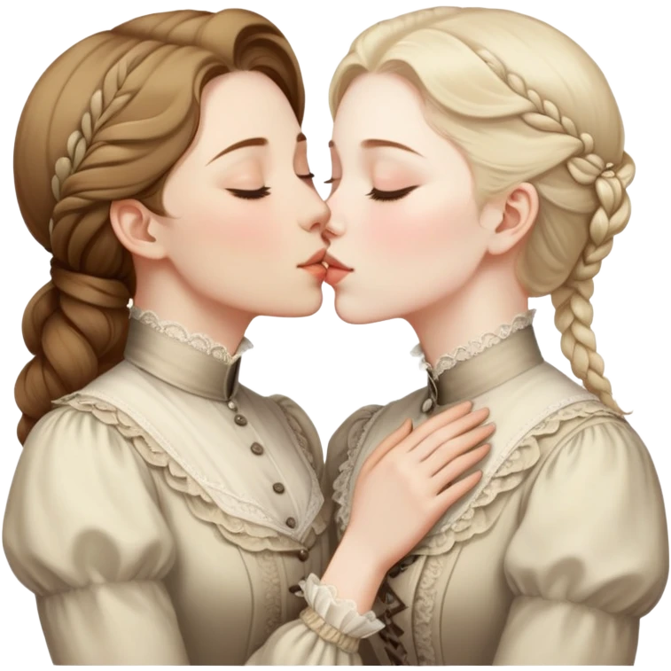 eyes closed lesbian kiss between modest Victorian women emoji
