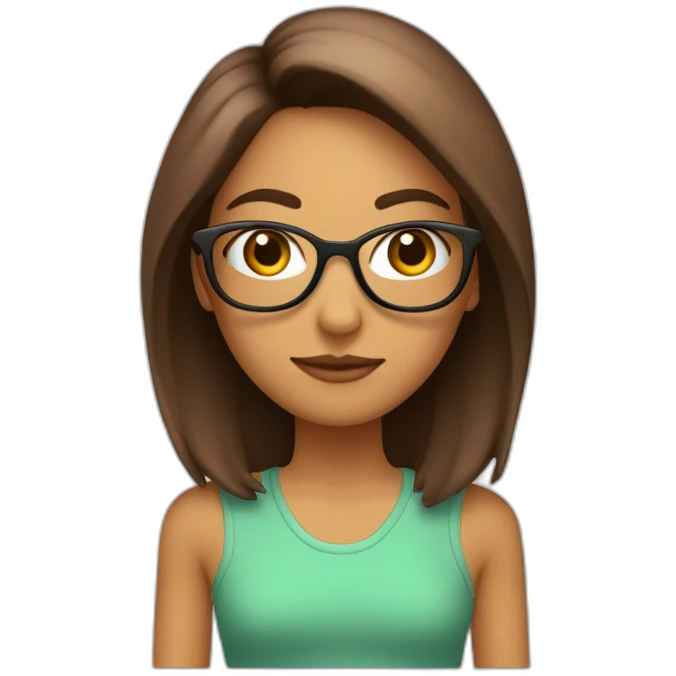 Chica delgada piel blanca, pelo marron liso hasta los hombros con lentes rosados emoji