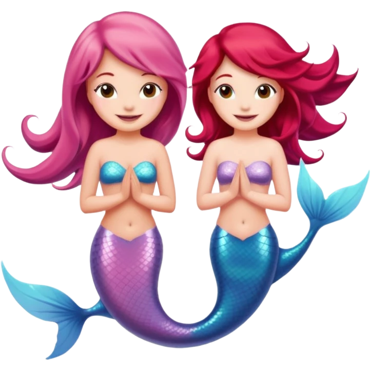 Cute iOS-style emoji of a pastel pink dolphin and a red-haired mermaid, smiling at each other. 
Simple vector emoji design, bold outlines, soft gradients, glossy look, centered, white background. emoji