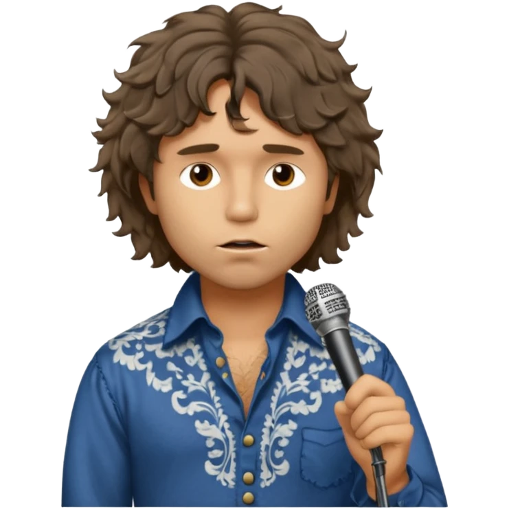 solarpunk realistic ultra HD - a thoughtful, messy, shaggy Jim Morrison in a Victorian shirt, singing on stage emoji
