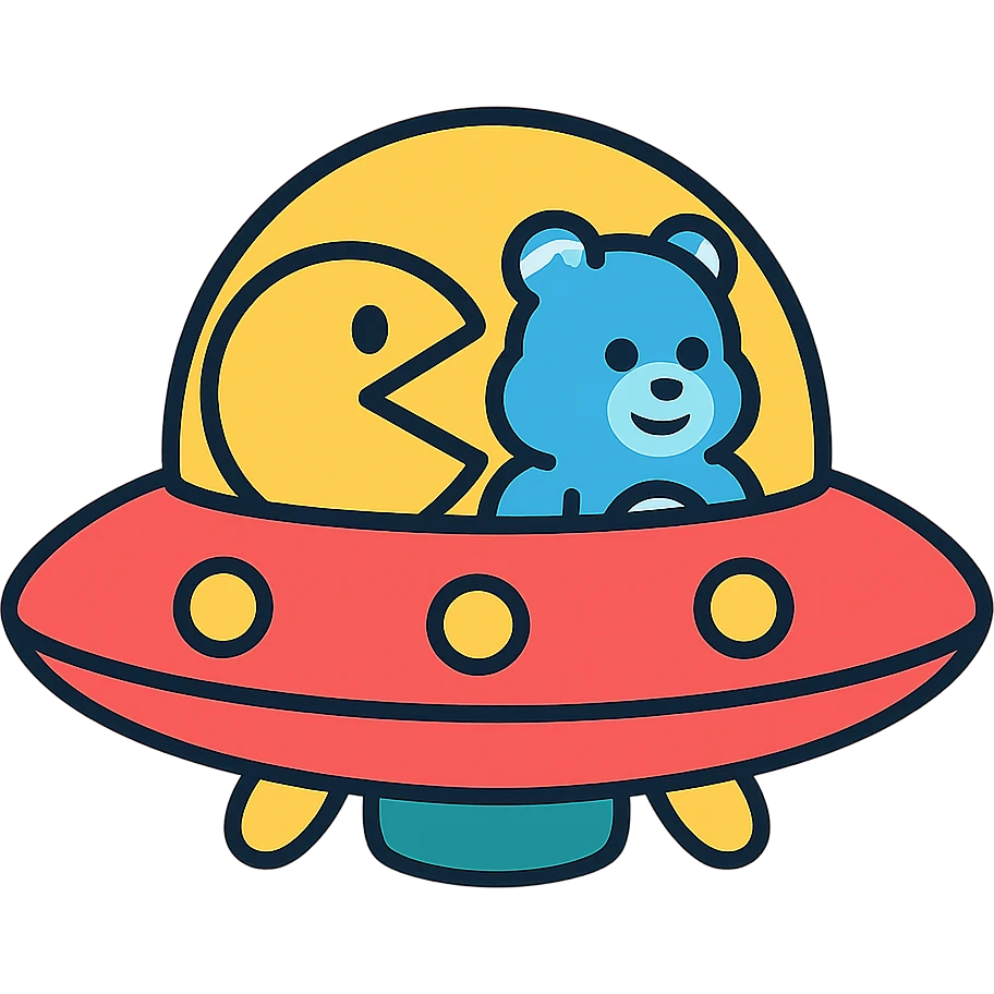 Pacman and Care Bears piloting a retro-futuristic spaceship emoji