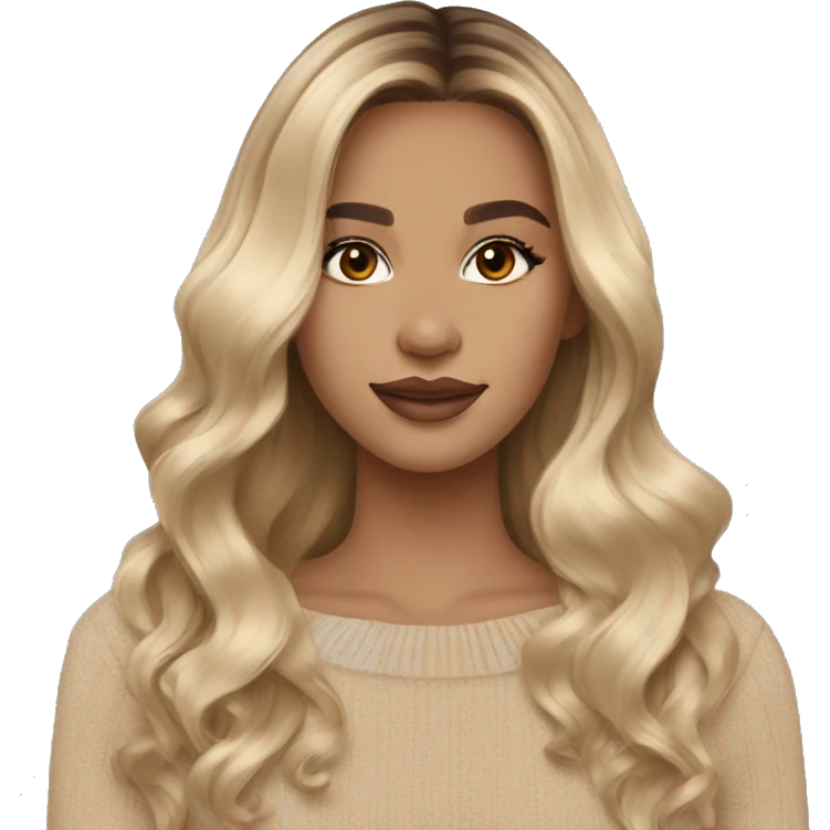Blonde balayage long hair women beige sweater and chocolate brown eyes emoji
