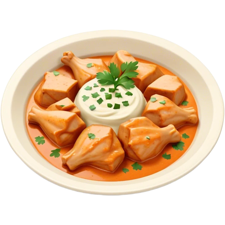Butter Chicken Cinematic Realistic Butter Chicken Dish Emoji, depicted as tender chicken pieces sliced up and bathed in a creamy white sauce garnished with fresh cilantro, rendered with rich textures and vibrant, appetizing lighting. emoji