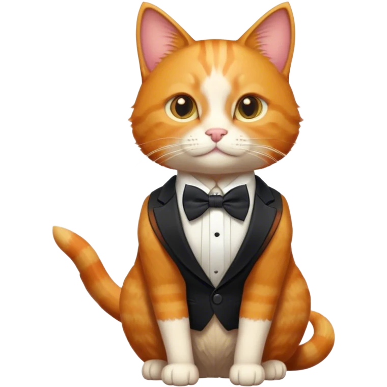 A ginger cat wearing a sleek, tailored classic suit with a bow tie, sitting elegantly with a confident expression, detailed fur texture, and a polished, sophisticated vibe. emoji