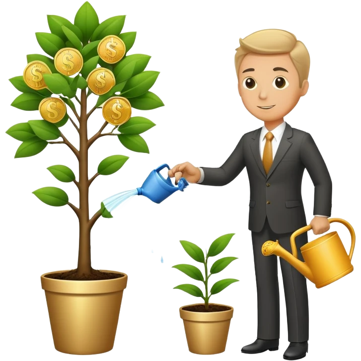 Businessman in suit watering a money tree with growing coins and dollar signs emoji