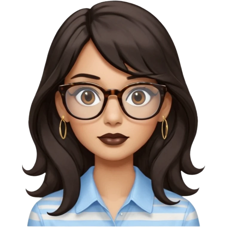 An emoji featuring a woman with very long wavy dark brown hair and a whispy straight bang, wearing thick tortoise square shaped glasses, drop earrings. She has long lashes, black eyeliner and a nude browny glossy lipstick. She's wearing an oversize light blue shirt with white vertical strips.  emoji