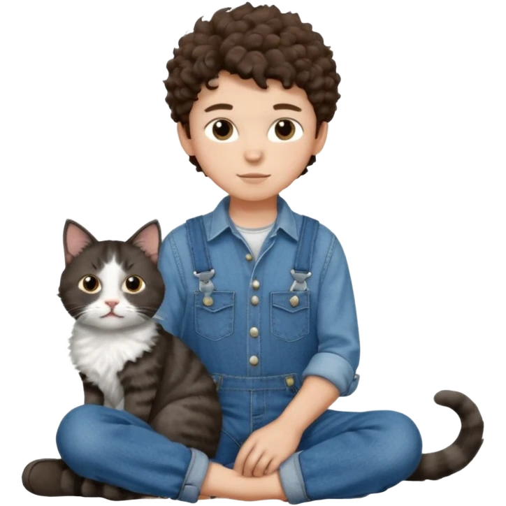 Apple emoji of a curly hair and dark brown eyes 13 year old boy with denim shirt and overalls with a black and white cat emoji