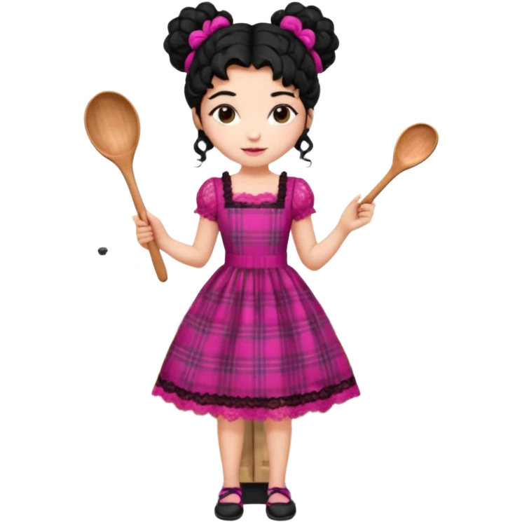
A beautiful girl wears a fuchsia lace dress with a plaid pattern. Her long, curly black hair is styled in a messy bun. She wears accessories and holds a wooden kitchen spoon. She is standing and wearing black shoes. The illustration style is clipart. emoji