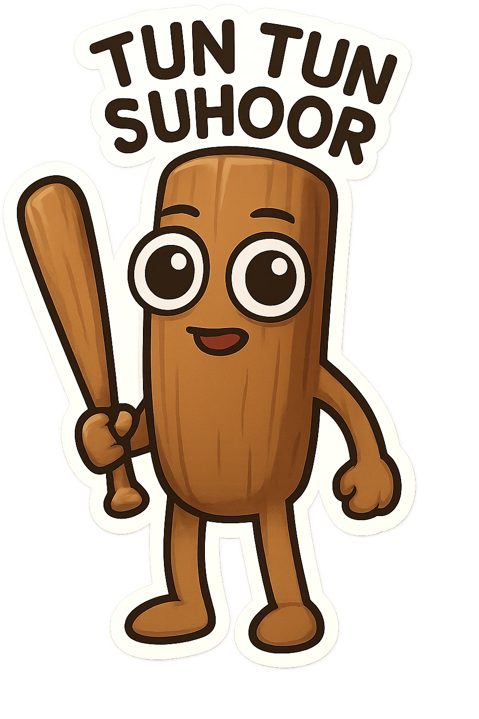 Tun Tun Suhoor as a chibi emoji, full wooden stick body, smooth brown, large cartoon eyes on wood, small mouth, human-like arms and legs, holding a wooden bat, uncanny and silly meme vibe, no text emoji