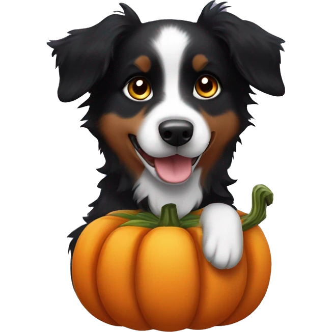 Small black australian shepherd dog in a pumpkin emoji