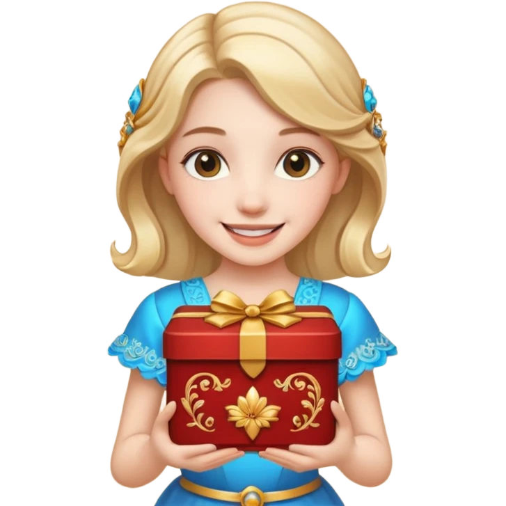 A smiling girl holding a beautiful box in her hand emoji