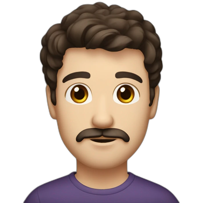 A young Caucasian man with dark brown, almond-shaped eyes, short dark brown hair, and a small dark brown beard with a more prominent mustache. emoji