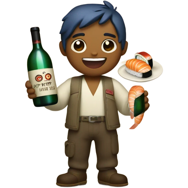 Stitch smiling while holding a sushi boat in a hand, and a wine bottle in the other one emoji