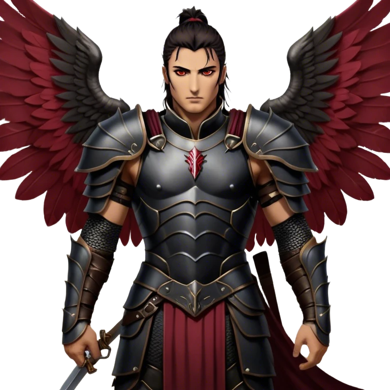 A towering Illyrian warrior with long, dark hair tied loosely at the nape of his neck, his hazel eyes flickering with battle-hardened resolve and mischief. His powerful frame is clad in black leather armor with deep crimson accents, fitted perfectly to his broad shoulders. His massive Illyrian wings stretch behind him, their leathery surface marked by scars of countless battles. A wicked grin plays on his lips, revealing the roguish charm beneath the warrior's exterior. emoji