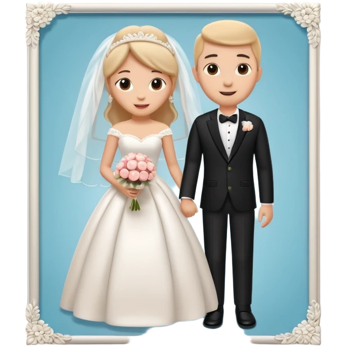 A 3D cartoon wedding advertisement poster hanging on a wall, with bride and groom illustration, visible border, flat lighting, Memoji-style. emoji