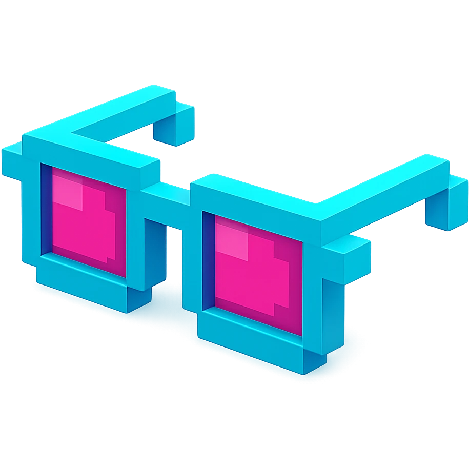 Voxel-style glasses with pink lenses, monochromatic and sleek emoji