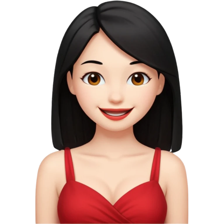 Chica joven pelo sémi largo color negro lacio delgada con con pechos grandes vestido rojo con sonrisa amigable y guiñando el ojo emoji