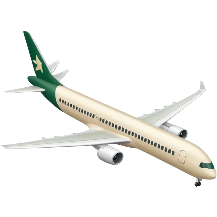 minimalist large passenger airplane, elongated fuselage, fully light beige (milky), only dark green (#173e12) accents, Apple emoji style, no text emoji