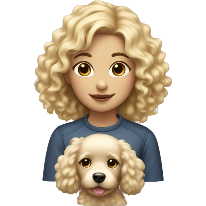 Blond girl with a slight of curly hair holding a fluffy dog emoji