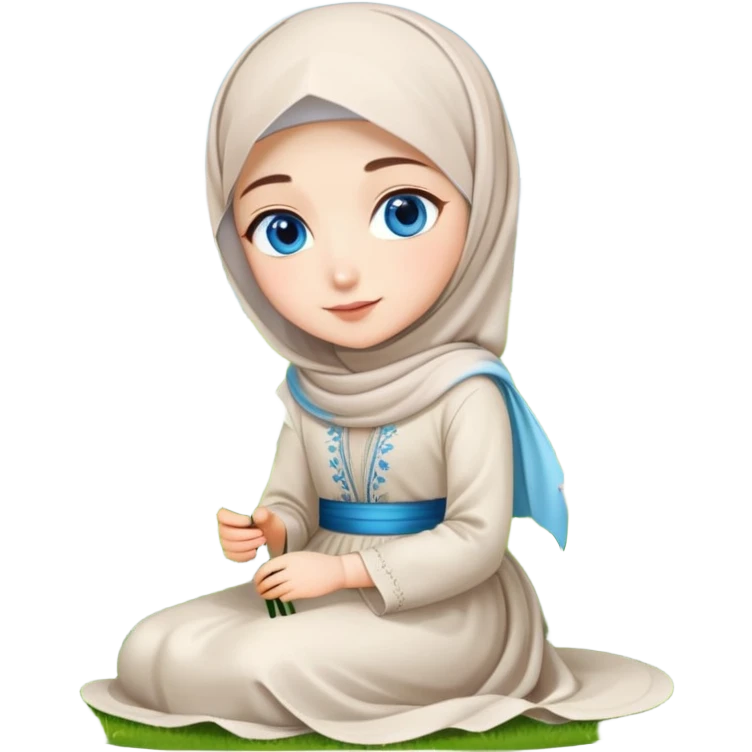 Turkish beautiful finish Konya girl blue eyes with lily flower hijab long tail dress and sits on the grass on the ground and hold lily flower on hand  emoji