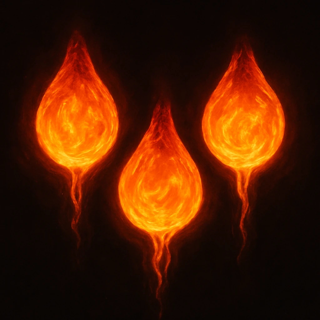 three glowing molten lava droplets with a sense of heat and fluidity emoji