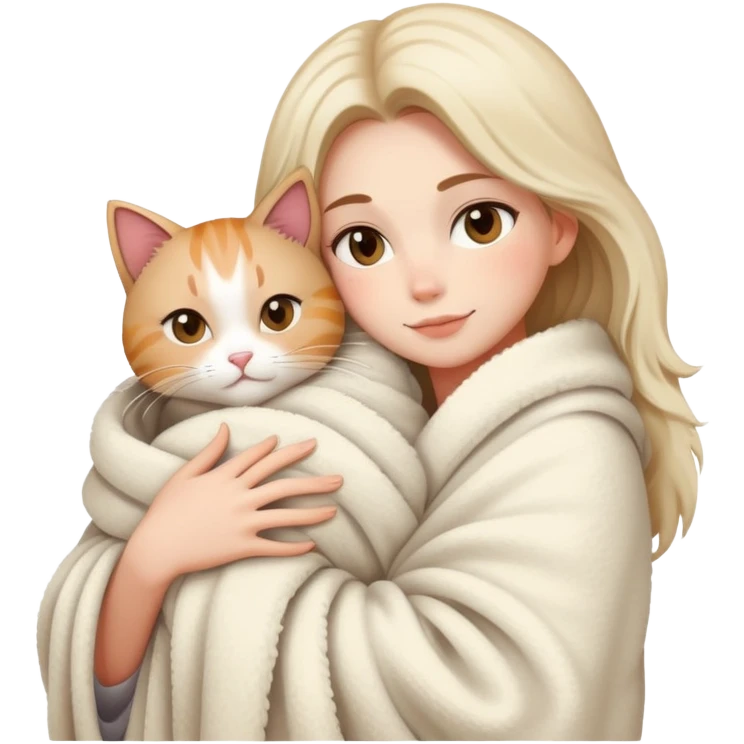 A beautiful woman wrapped in a blanket hugs a cat emoji