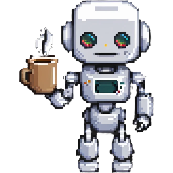 A robot character holding a coffee mug emoji