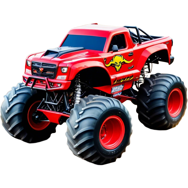 El Toro Loco - Monster Jam (Model Year: 2022) (Iconic colour: Red with horns) - An eye-catching monster truck with a wild, rebellious design in bold red. Include stylized, large horn graphics and aggressive facial elements that evoke a bull-like, ferocious appearance, exuding daring and unstoppable force. emoji