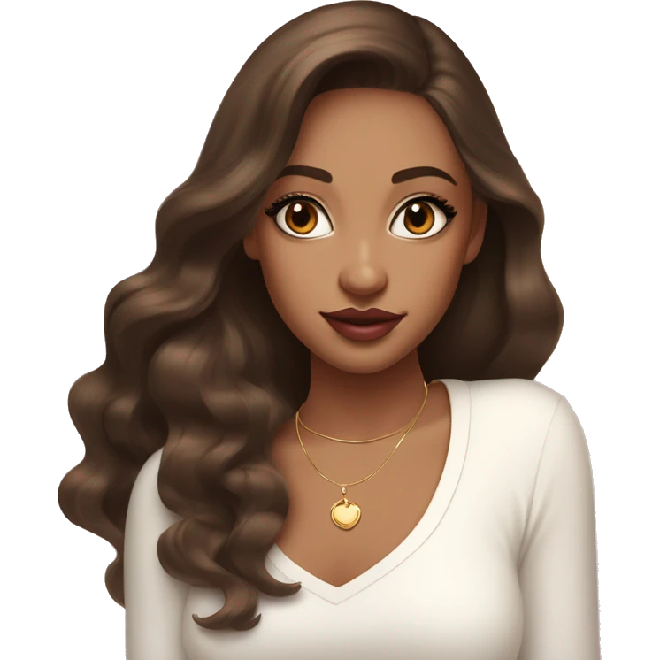 Girl with brown cateyes and a fair skin tone long eyelashes with long dark brown hair in a side parting in a wavy/blowout effect style wearing white scoop neck top and wearing a gold necklace and has plump light pink glossy lips emoji