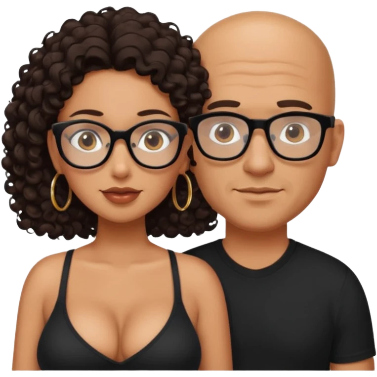 A picture of a sexy tanned couple. the man is Mexican, with a bald hair cut and a black shirt. the woman is mixed, she has curly longer dark brown hair,  she has glasses only, and with big boobs and no shirt or bra. emoji