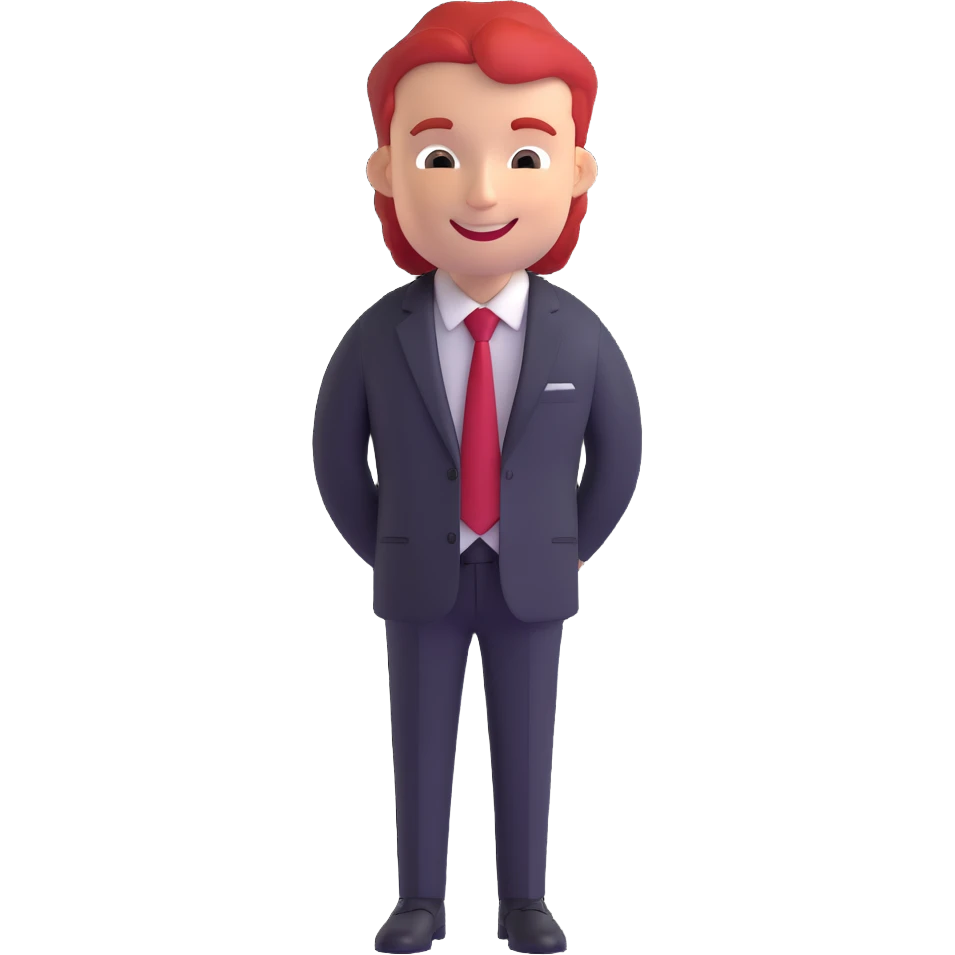 red-haired man in a black suit with a red tie, smiling emoji