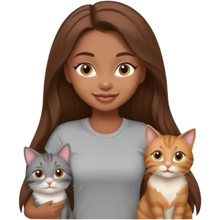 a pretty bratz dusky girl with long brown hair with four cats nd wearing a grey tshirt emoji