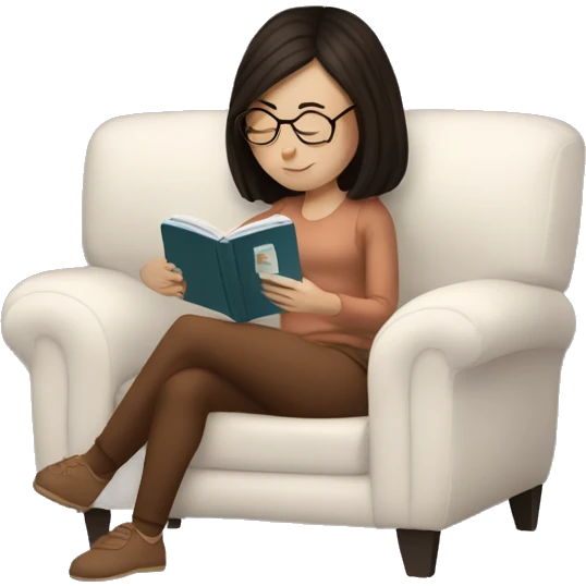 White girl dark hair reading a kindle on a couch with tea and blanket emoji