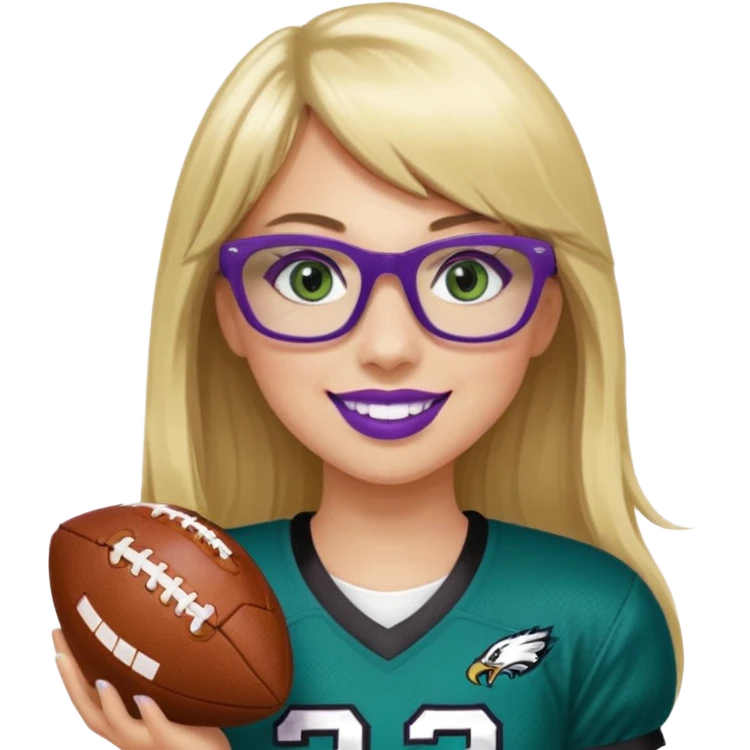 long blonde hair with bangs black rectangle glasses female green eyes football player wearing eagles uniform jersey number 33 holding football smiling purple lipstick emoji