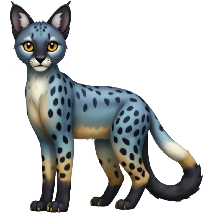Colorful adorable shiny spectral soft smooth black gloomy dark dull melanistic Caracal-Cheetah-Serval-Snow-Leopard-Trico-Sergal-Vernid-fusion-hybrid-animal-creature, full body emoji