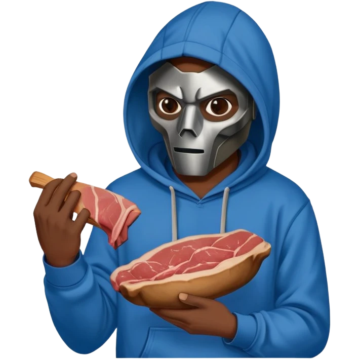 MF DOOM in a blue hoodie holding a piece of meat emoji