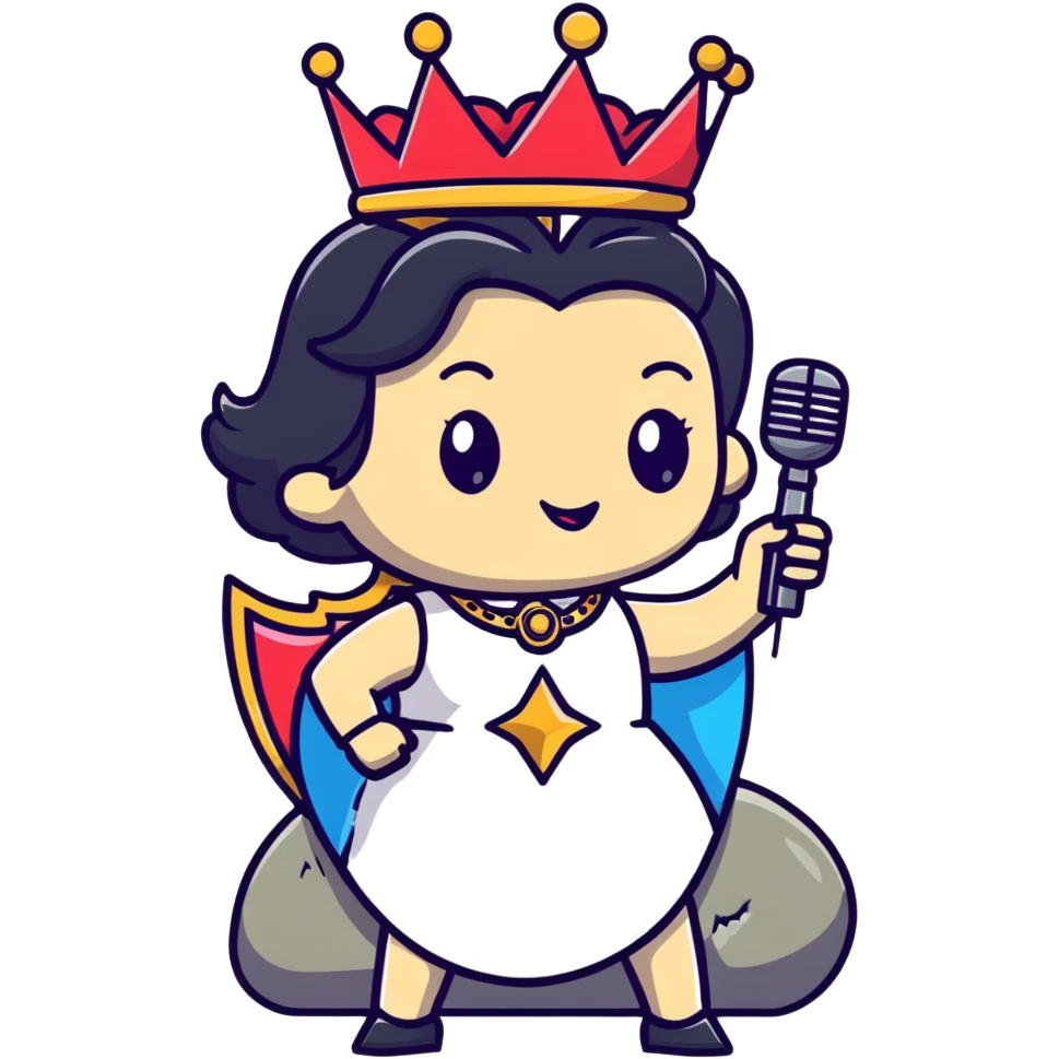 rock and roll queen with crown, microphone, rock star pose, energetic emoji