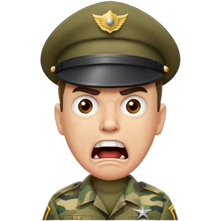 yelling drill sergeant character wearing a classic sergeant hat and a camouflage army shirt. The character should have an angry intense expression. emoji
