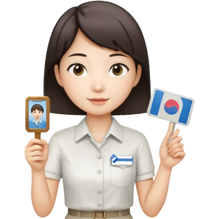 A Korean short-haired female tour guide is wearing a white shirt and holding her guide license in one hand, which is a horizontal card. emoji